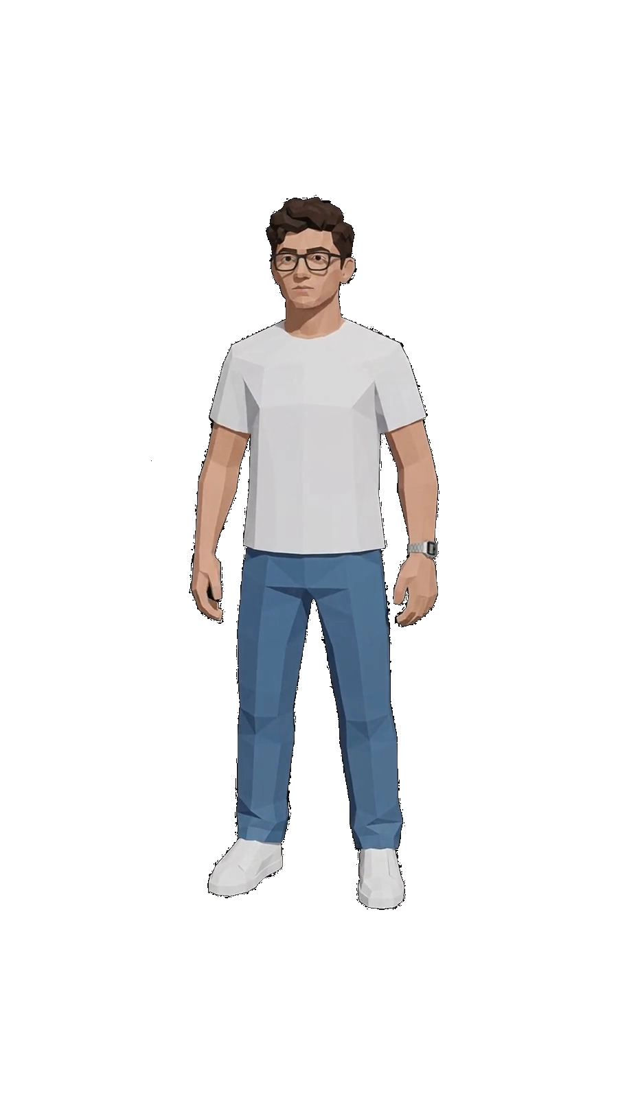 Low-poly character of Facundo in a white t-shirt and blue jeans