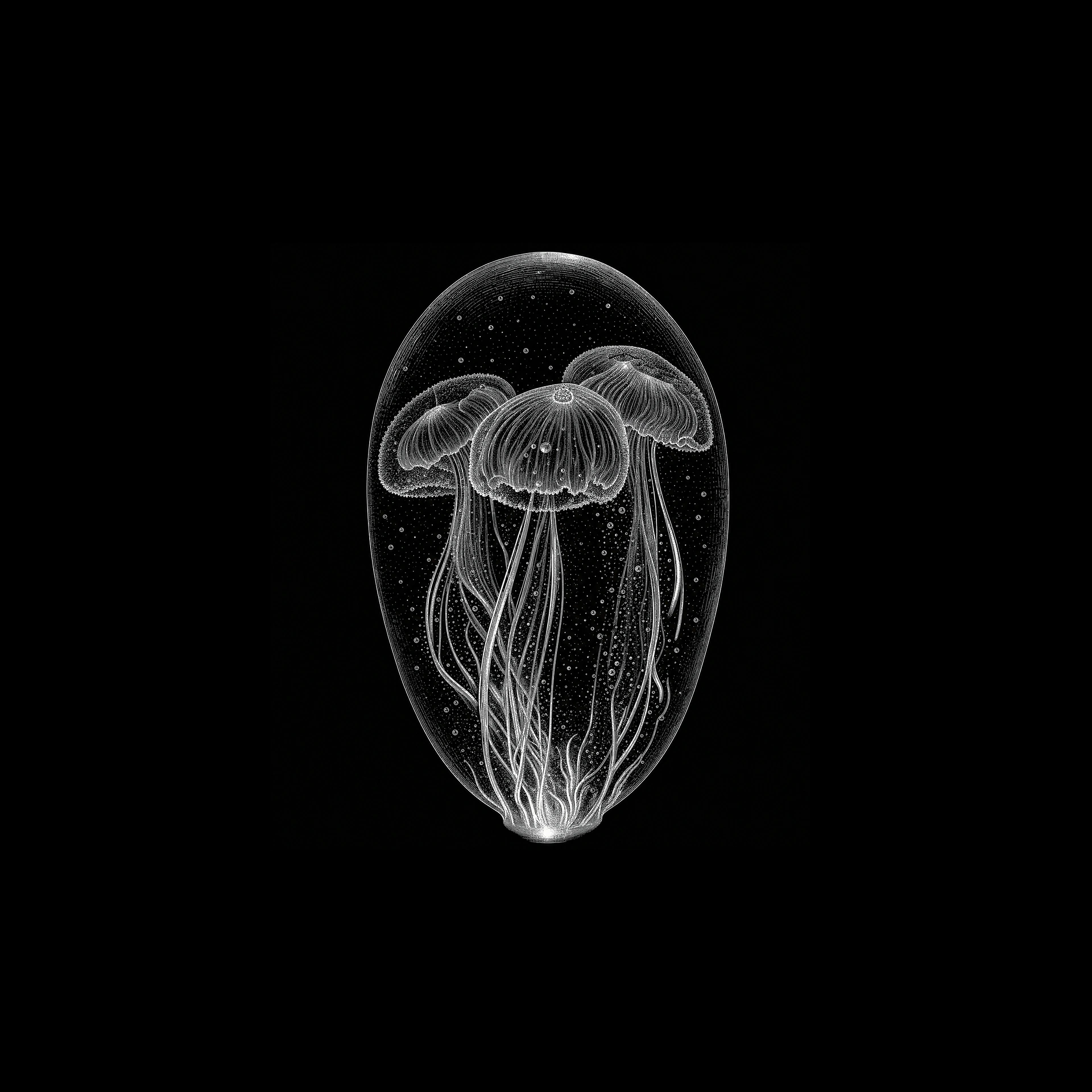 Black and white engraving-style illustration of three jellyfish
